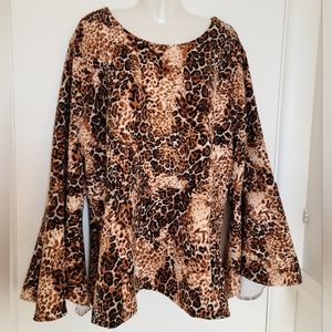 Leapord Bell Sleeve Peplum Blouse, 3X